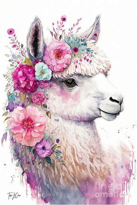 Exotic Animals Art, Llama Drawing, Llama Pictures, Llama Painting, Painting With Flowers, Llama Art, Watercolor Bird Tattoo, Llama Arts, Baby Animal Drawings