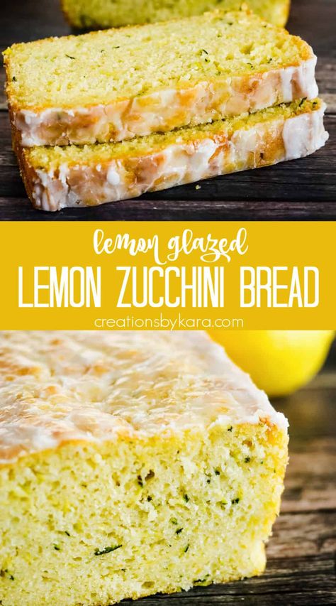 Glazed Lemon Zucchini Bread - This sweet & tangy zucchini bread is one of the tastiest quick breads you will ever try! The simple glaze takes it over the top. You can enjoy it any time of day! #lemonzucchinibread #lemonglaze #zucchinibread #lemonbread #quickbread #zucchinirecipe -from Creations by Kara Best Zucchini Recipes Bread, Extra Moist Zucchini Bread, Lemon Raspberry Zucchini Bread, Zucchini Yeast Bread, Chocolate Chip Zucchini Bread Recipes Moist Easy, Easy Zucchini Bread Recipes Quick, Zucchini Bread Recipe Easy, Lemon Zucchini Heaven Bread, How To Freeze Zucchini Bread