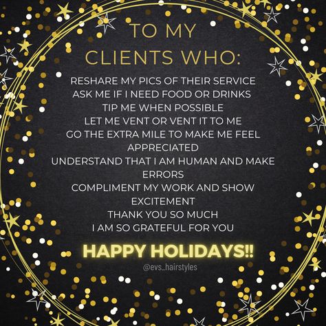 Hair Salon Thanksgiving Quotes, New Years Salon Quotes, Happy New Year Hairstylist, Holiday Hair Appointment Reminder, New Year Salon Promotions, Holiday Appointment Salons, Client Thank You Quotes, Holiday Salon Promotions, Client Christmas Gift Ideas Salon