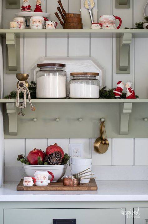 Christmas In my Bulters Pantry #kitchen #christmas #decor #holiday #pantry #decorating #santamugs Bulters Pantry, Pantry Cabinetry, Christmas Pantry, Vintage Christmas Kitchen, Christmas Kitchen Decor Ideas, Holiday Decor Ideas, Inspired By Charm, Neutral Green, Butler’s Pantry