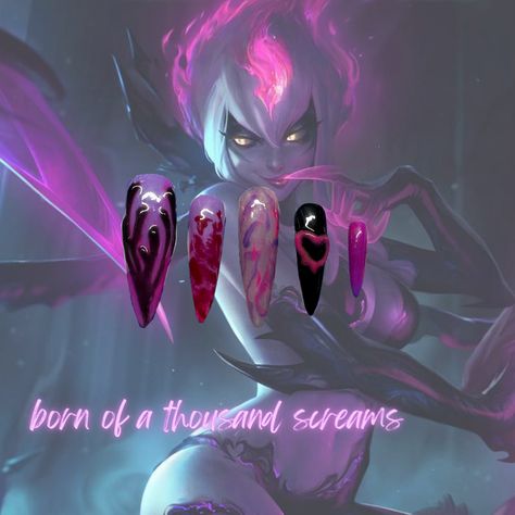 hot pink, purple, black heart nails with aura builder gel league of legends inspired nails evelynn nails Bayonetta Inspired Nails, League Of Legends Nails, Evelyn Lol, Valorant Nails, Bayonetta Oc, League Of Legends Evelynn, Lol Nails, Evelynn Lol, Kda Evelynn