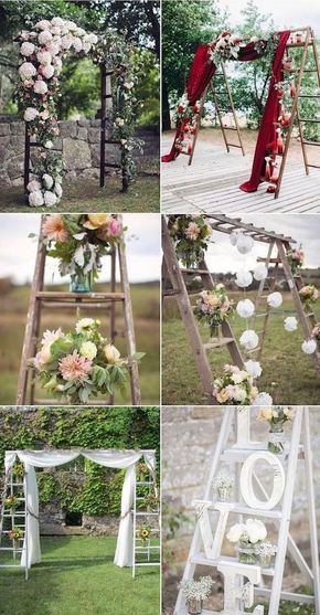 Exchange your vows under an original wedding arch made with ladders. Ladder Wedding, Diy Wedding Arch, Rural Wedding, Rustic Wedding Decorations, Arch Decoration, Arch Decoration Wedding, Ceremony Arch, Rustic Country Wedding, Wedding Event Planning