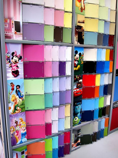 The inspiration for my little girl's room makeover: Disney Paint at Wal-mart with matching accessories and decor! Minnie Mouse here we come! Disney Paint Colors, Minnie Mouse Bedroom, Mickey Mouse Bedroom, Sparkle Paint, Deco Disney, Disney Room, Big Girl Bedrooms, Paint Sample, Disney Rooms