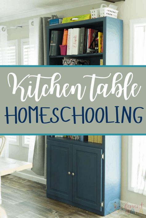 Homeschool For Small Spaces, Homeschool Room/dinning Room, Homeschool In Small House, Small Space School Room, Kitchen Table Homeschooling, Mobile Homeschool Station, Homeschool Storage Small Space, Homeschool Desk Organization, Home School Organization Ideas Small Space