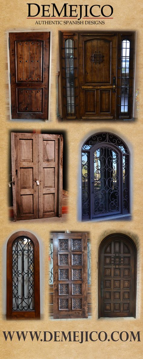 Here are just a few styles from our Door Collection #customdoors #rusticdoors #spanishstyledoors #entrydoors   www.demejico.com/custom-door-catalog/ Spanish Home Front Door, Mediterranean Front Door, Spanish Style Front Door, Mexico Doors, Spanish Style Doors, Mediterranean Front Doors, Spanish Style Exterior, Spanish Doors, Mexican Doors