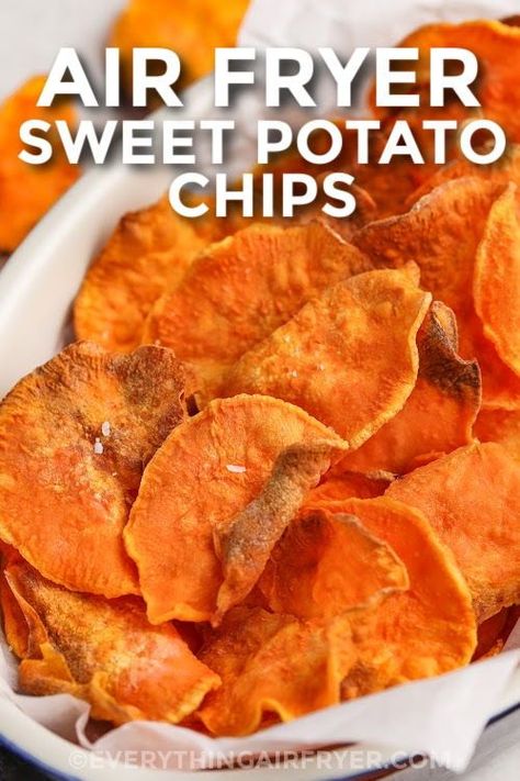 Air fryer sweet potato chips are quick and easy to make. Just power up that Ninja air fryer and cook up a batch of these sweet and crispy homemade chips. Made with less oil than deep frying, the air fryer makes it healthy to cook all kinds of tasty snacks. And the best part is that it won't take long to make these, they are ready in minutes. #airfryersweetpotatochips #sweetpotatochipsintheairfryer #homemadesweetpotatochips #everythingairfryer Air Fryer Sweet Potato Chips, Healthy Chip Alternative, Sweet Potato Chips Recipe, Healty Dinner, Sweet Potato Slices, Homemade Chips, Sweet Potato Chips, Air Fryer Recipes Chicken, Air Fryer Healthy