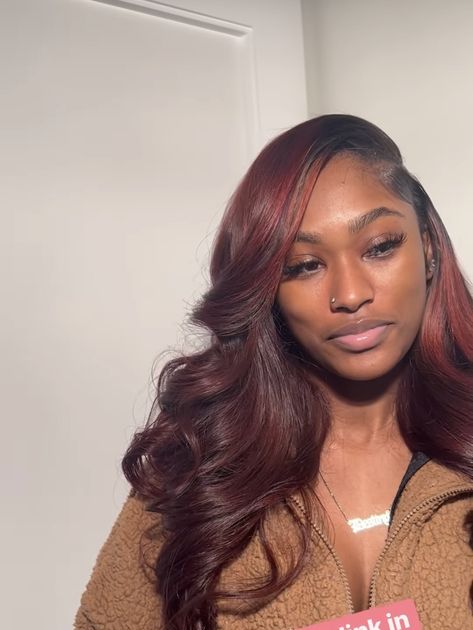 Side Part Sew In Burgundy Weave, Burgundy Microlinks, Burgundy Highlights On Black Hair Black Women, Burgundy Natural Hair Black Women Dark Skin, Burgundy Hair Sew In, Middle Part Burgundy Sew In, Burgundy Brown Hair Color On Black Women, Burgundy Hair Black Roots, Cherry Coke Hair Color On Black Women