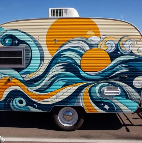 Paint Camper Exterior, Van Exterior Paint Ideas, Camper Mural, Rv Exterior Paint, Painted Camper, Caravan Paint, Vintage Camper Art, Hippie Camper, Shasta Camper