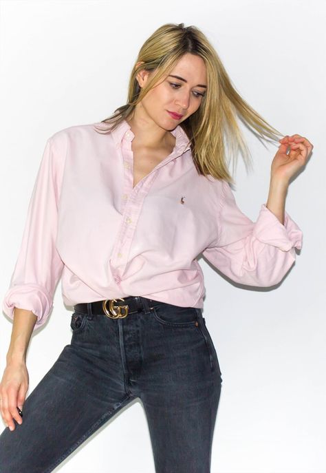 #oxfordshirt Light Pink Shirt Outfit, Formal Shirt Design, Oxford Shirt Women, Pink Shirt Outfit, Ralph Lauren Shirt Women, Polo Shirt Outfits, Light Pink Shirt, Ladies Jeans, Stylish Work Outfits