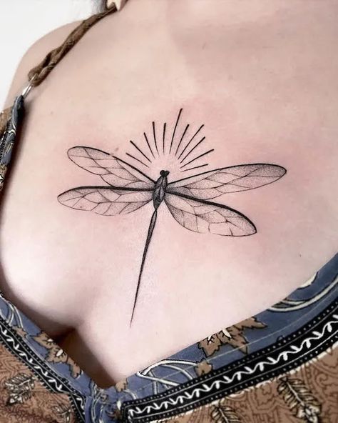 Dragonfly With Angel Wings Tattoo, Dragonfly Tattoo Xray, Vintage Dragonfly Tattoo, Dragonfly Tattoo On Chest, Dragonfly Sun Tattoo, Dragonfly And Sun Tattoo, Dragonfly Throat Tattoo, Dragon Fly Tattoo Sternum, Black And Grey Dragonfly Tattoo