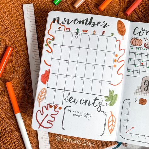 November monthly spread, bujo monthly, bullet journal month, leave doodle November Monthly Spread Bullet Journal, November Bullet Journal Calendar, Bullet Journal Ideas Pages Monthly, Leave Doodle, Month Doodles, November Monthly Spread, Monthly Doodles, Monthly Bullet Journal, Calendar Inspiration