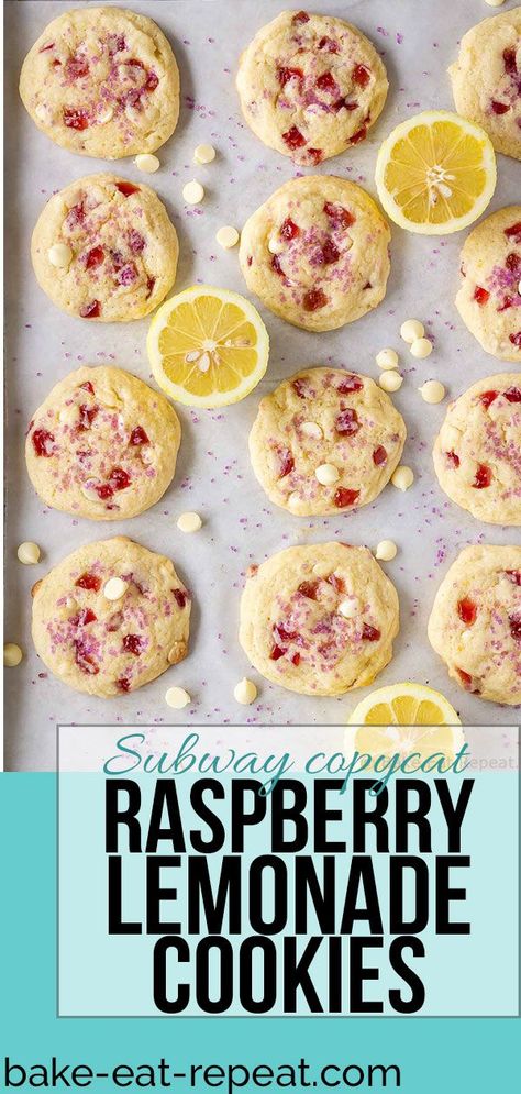 These raspberry lemonade cookies are just like the ones from Subway! Soft, chewy, and filled with raspberry and lemon flavours - everyone loves them! #cookies #Subway #raspberry #lemonade #lemon Subway Recipes, Raspberry Lemonade Cookies, Lemonade Desserts, Raspberry Lemonade Slushie, Subway Copycat, Raspberry Lemonade Punch, Cookies Business, Raspberry Lemonade Cupcakes, Raspberry Lemonade Recipe