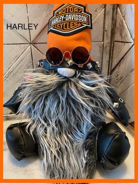 Harley biker gnome | Etsy Make Gnomes, Fairy Quilt, Gnome Beard, Biker Gnomes, Sock Gnomes, Harley Davidson Crafts, Gnome Pictures, Harley Motorcycle, Gnome Statues