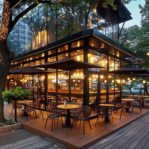 Restaurant Deck Ideas, Resto Bar Design Ideas, Outdoor Coffee Shop, Cozy Cafe Interior, Rooftop Restaurant Design, Restaurant Exterior Design, Cafeteria Design, Bistro Design, Cafe Exterior