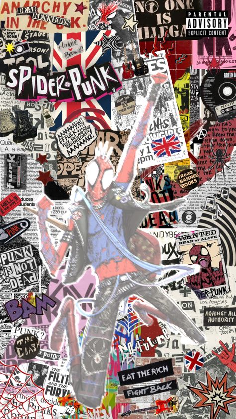 Spider Punk Aesthetic, Hobie Spiderman, Punk Spiderman, Spiderman Aesthetic, Spider Mans, Spiderman Poster, Rock Background, Hobie Brown, Punk Wallpaper