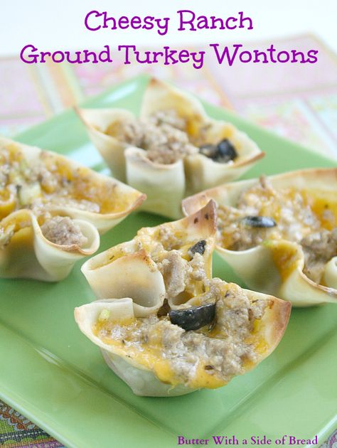 I love new easy dinner recipes like this one! and since it is ranch, i know the kids will all like it! Turkey Appetizers, Cheesy Ranch, Ground Turkey Recipes Healthy, Healthy Ground Turkey, Wonton Recipes, Baked Turkey, Wonton Wrappers, Ground Turkey Recipes, Ground Turkey