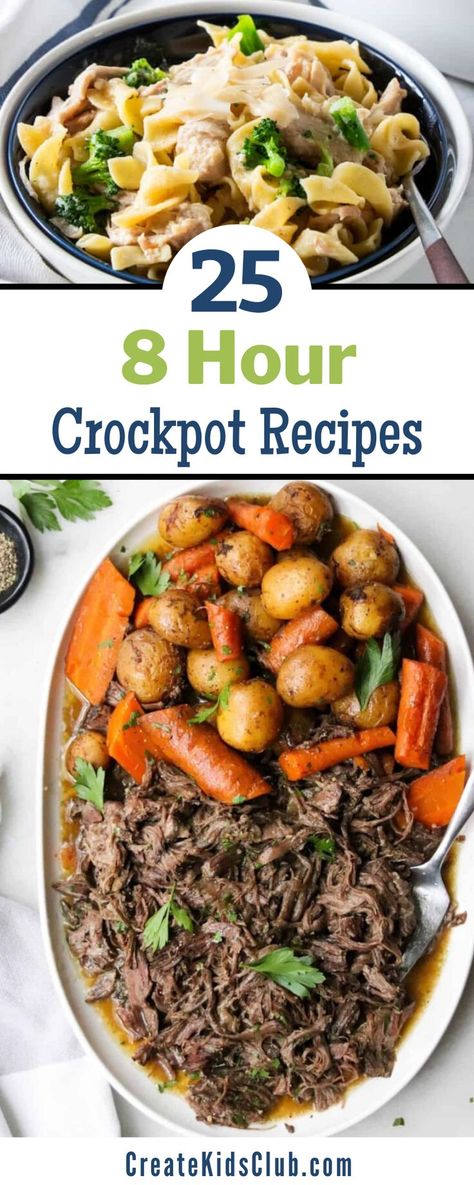 Looking for 8-hour Crockpot recipes that will withstand long hours of cooking? Visit the blog to get links to each of these delicious 25 tried and true all-day slow cooker recipes that we have gathered. We are helping get dinner served easily with recipes the whole family will love! Crockpot Sunday Dinner, Crockpot Dump Recipes, Fall Crockpot Recipes, Pot Recipes Healthy, Best Crockpot Recipes, Crock Pot Recipes, Dump Meals, Slow Cooker Dinner, Slow Cooker Recipes Healthy