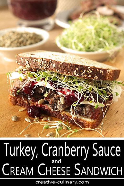 Sandwich With Sprouts, Cranberry Sauce Sandwich, Thanksgiving Main Course, Fall Sandwiches, Sprout Sandwich, Cream Cheese Sandwich, Sunflower Sprouts, Fall Treats Recipes, Turkey Appetizers