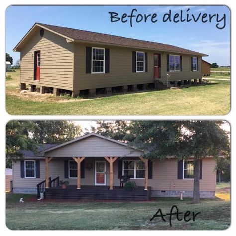 Small Front Deck Mobile Home, Double Wide Farmhouse Exterior, Double Wide Exterior Makeover Porch, Deck On Manufactured Home, Double Wide Trailer Porch Ideas, Concrete Porch On Mobile Home, Landscaping Around Manufactured Home, Mobile Home Color Schemes Interiors, Front Porch For Double Wide