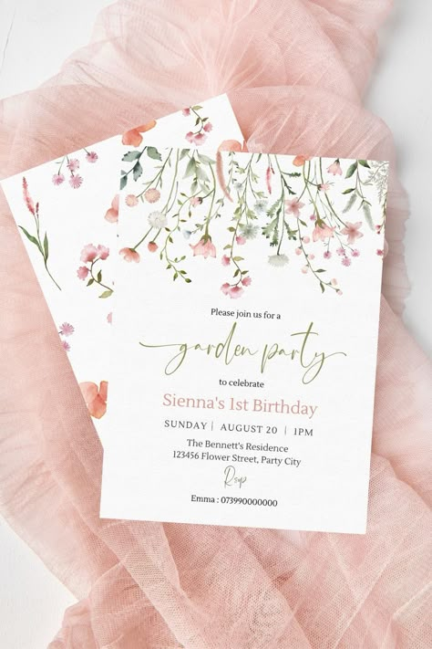 Spring Birthday Party: Garden Party – SeasonOverload Wildflower Birthday Party, Floral 1st Birthday, Wildflower Birthday, Spring Birthday Party, Garden Party Invitations, 1st Birthday Invite, Garden Party Theme, 1st Birthday Party Invitations, Tea Party Invitations