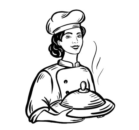 Beautiful chef cook woman holding a dish... | Premium Vector #Freepik #vector #cute-chef #chef-cartoon #chef-girl #cooking-cartoon Female Chef Drawing, Chef Drawing Sketches, Woman Cooking Illustration, Chef Cooking Drawing, Chef Sketch, Cook Drawing, Chef Drawing, Cooking Cartoon, Chef Aesthetic