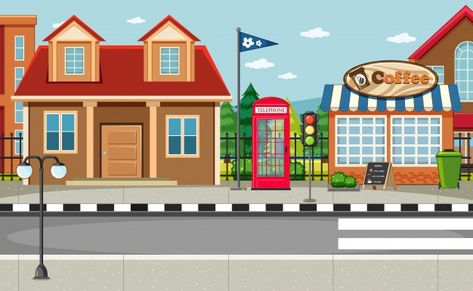 Street side scene with house and coffee ... | Free Vector #Freepik #freevector #house #phone #box #cartoon Outdoor Advertising Billboard, House Phone, Perjalanan Kota, Street Background, Box Cartoon, Transportation Poster, Happy Birthday Wallpaper, Cartoon House, Wooden Doors Interior