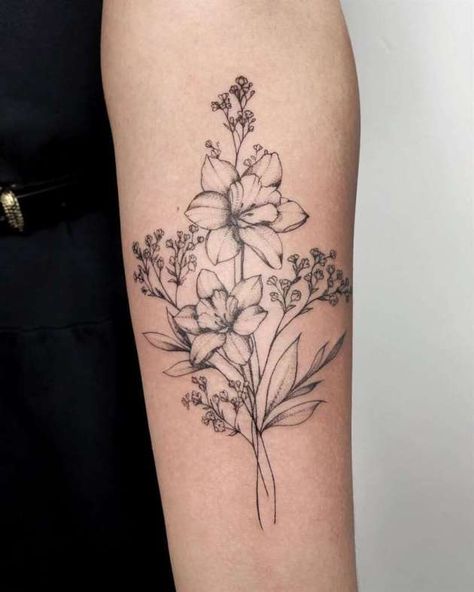 Birth Flower Tattoos Narcissus, Birthday Flowers Tattoo Ideas, Daffodils And Chrysanthemums Tattoo, 2 Stem Flower Tattoo, Birth Flower Arm Tattoos For Women, Large Birth Flower Tattoo, April And May Birth Flower Tattoo Together, Birth Month Flower Tattoos Forearm, Birth Flower Tattoos With Color