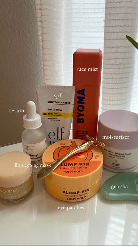 byoma face mist, drunk elephant moisturizer, elf sunscreen, laneige vanilla lip sleeping mask, the ordinary niacinamide serum, tonymoly plump-kin eye patches Face Sunscreen Aesthetic, Elf Sunscreen, Laneige Vanilla, Elephant Moisturizer, Drunk Elephant Moisturizer, Ordinary Niacinamide, Eye Moisturizer, Niacinamide Serum, Oil For Dry Skin