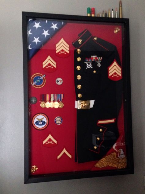 Marine Corps Shadow Box. #dressblues #usmc Law Enforcement Office Ideas, Marine Gifts For Him, Usmc Shadow Box Ideas, Marine Corps Decor House, Marine Corps Shadow Box Ideas, Marine Shadow Box Ideas, Marine Corps Wall Decor, Marine Corp Shadow Box Ideas, Us Navy Shadow Box Ideas