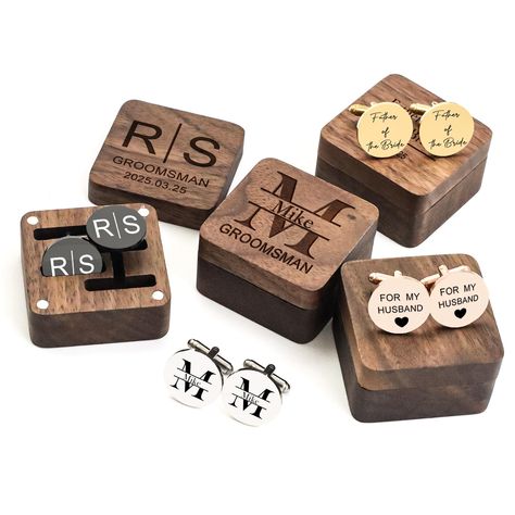 PRICES MAY VARY. Are you still looking for a suitable groomsman gift- Take a look here. Wedding Cufflinks - Made of high-quality stainless steel and equipped with a beautiful walnut cufflink storage box. You can engrave your name, wedding date, and character on the cufflinks and boxes. For the best man, groom, father of the bride, and father of the groom, this is definitely a very meaningful wedding gift! Add a sense of ceremony to your wedding! Click the "Customize Now" button and select the de Non Alcoholic Groomsmen Gifts, Bridal Party Gifts For Men, Wedding Accessories For Groom, Wedding Must Haves, Custom Cuff Links, Groomsmen Gift Ideas, Gifts For Groomsmen, Groomsmen Cufflinks, Housewarming Gift Baskets