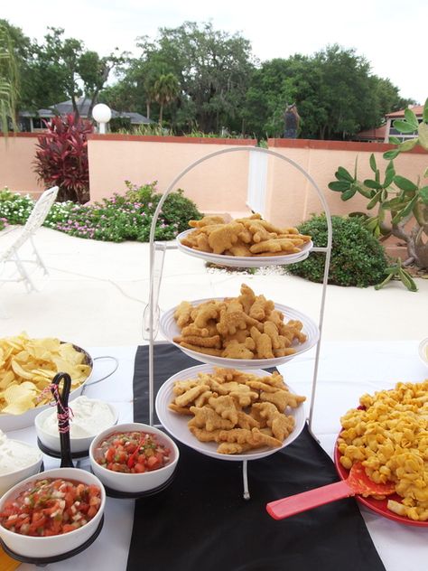 Chicken Nugget Bar Wedding, Chicken Nugget Bar Party, Dino Chicken Nuggets Aesthetic, Chicken Nugget Birthday Party, Dino Nuggets Aesthetic, Party Food With Chicken, Dinosaur Dinner, Kids Chicken Nuggets, Dino Nuggies