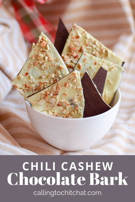 Chili Cashew Chocolate Bark // This is an easy chocolate bark recipe that has a little something for everyone — sweet, salty, spicy, and nutty. via @callingtochitchat Easy Chocolate Bark, Cashew Chocolate, Easy Winter Recipes, Vegetarian Party Food, Chocolate Bark Recipe, Spicy Chocolate, Easy Party Food, Bark Recipe, Winter Desserts