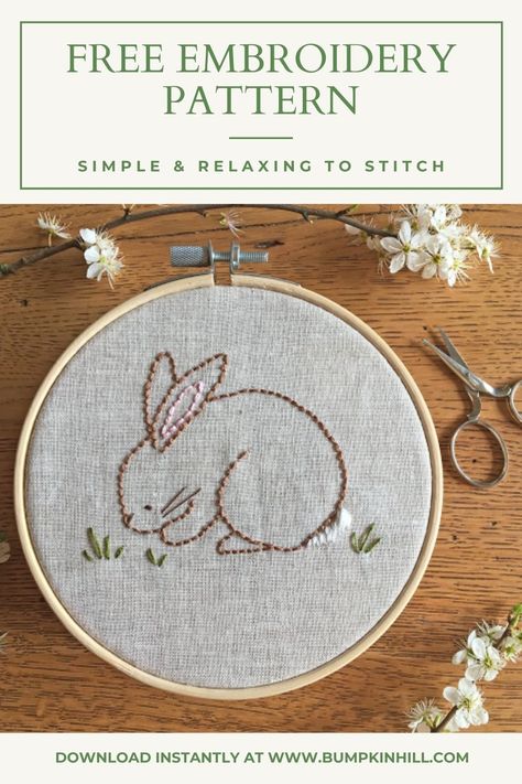 Download this free Embroidery Pattern. Simple & fun to stitch. Sweet Embroidery Pattern for kids too. Designed by Bumpkin Hill. Rabbit Embroidery Pattern, Hand Embroidery Patterns Free Printable, Rabbit Embroidery, Hand Embroidery Patterns Free, Bunny Embroidery, Hand Embroidery Kits, Easter Embroidery, Embroidery Template, Pattern Simple