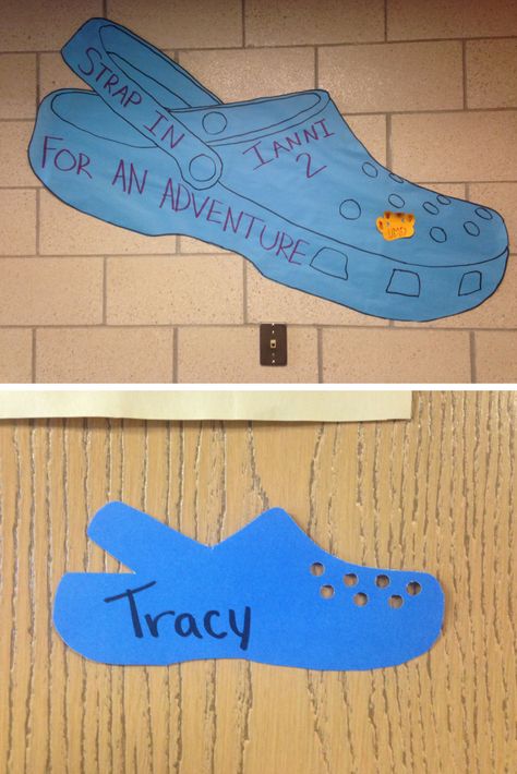 Crocs door dec and welcome sign by Lily Meierhoff @ University of Minnesota Duluth Housing & Residence Life College Dorm Name Tags, Dorm Door Ideas, Resident Assistant Door Decs, Ra Door Tags, Door Decorations College, House Themes, Dorm Door Decorations, Ra Door Decs, College Bulletin Boards