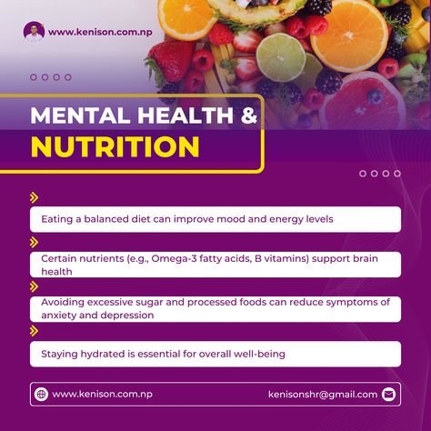 What you eat can significantly impact your mental health. Discover the connection between nutrition and mental well-being. 🥗 Consider incorporating these nutritional tips into your diet for better mental health. Share this post to encourage others to eat mindfully! 🍎 #NutritionAndMentalHealth #HealthyEating #MentalWellness #HealthyDiet #MentalHealthSupport #Nutrition #BrainHealth #psychiatristinnepal #drkenisonshrestha Learn more: www.kenison.com.np Nutritional Tips, Eat Mindfully, Nutrition And Mental Health, Encourage Others, Better Mental Health, Mental Health Support, Improve Mood, Good Mental Health, Mindful Eating