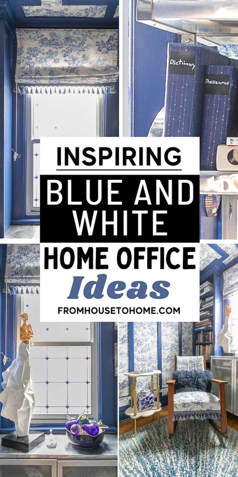 French Blue Office, Small Home Office Makeover, Small Home Office Ideas For Women, Office Makeover Ideas, Small Room Ideas, Bookshelves Storage, Blue Home Offices, Blue And White Toile, Elegant Home Office