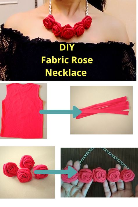 Rose Flower Necklace As A Gift, Fabric Rose Tutorial, Handmade Rose Wedding Necklace, Handmade Rose Necklace For Valentine's Day, Rose-colored Flower Necklace As A Gift, Fabric Rose Necklace, Diy Necklace Designs, Pearl Necklace Tutorial, Old Clothes Diy