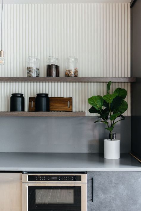 cid design group | nashville west | open shelving at hospitality bar with white corrugated metal feature White Corrugated Metal, Metal Interior Design, Corrugated Metal, Metal Cabinet, Metal Bar, Cafe Design, Barndominium, White Interior, Cafe Bar