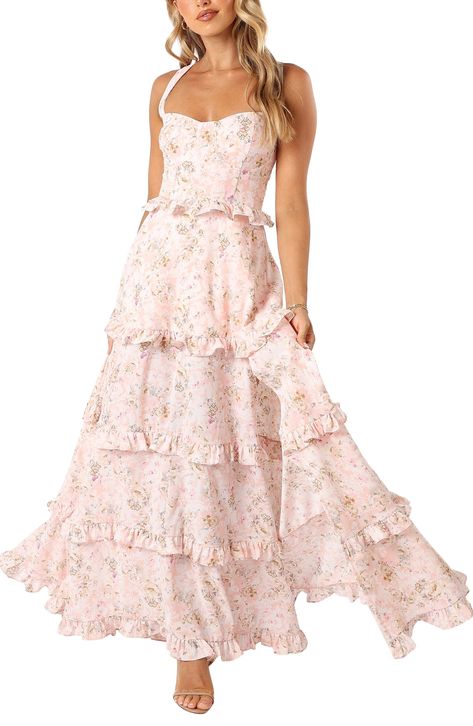 Floral Ball Gown Fairytale, Floral Champagne Dress, Prom Dresses Unique Vintage, Pink Floral Bridesmaid Dress, Pink Bridal Shower Outfit, Floral Bridal Shower Dress, Pink Floral Bridesmaid Dresses, Hoco Dresses Modest, Garden Party Formal