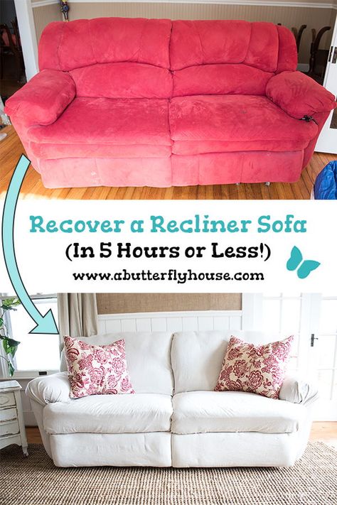 This is by far the easiest way to reupholster a reclining couch; you don't even have to remove the old fabric! #diyprojects #dropcloth Diy Couch Reupholster, Old Couch Makeover, Old Couch Makeover Diy, Couch Makeover Diy, Reupholster Couch Diy, Reupholster Couch, Reupholstering Furniture, Reclining Couch, Sofa Reupholstered