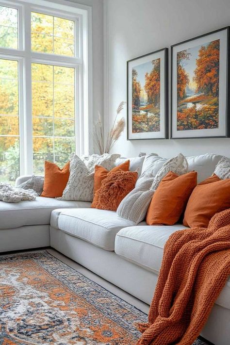 Fall Living Room Ideas, Diy Fall Decor, Grey Couch, Fall Living Room Decor, Sala Grande, Fall Living Room, Living Room Orange, Fall Decor Inspiration, Interior Decorating Styles