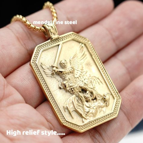 Gold St Saint Michael Archangel Medal Medallion Necklace Thanks For Viewing Our Listing! We Always Ship Your Order Securely In A Box With Padding 100% Authentic Brand New With Tags Chain: Stainless Steel Finish: Ip Gold Plating. (Not Genuine Gold) Chain Length: 25" Pendant Size: 51mm(L) X31mm(W) Pendant Weight: 0.9oz Silver Gloves, St Michael Necklace, Copper Necklace Pendant, Michael Archangel, St Michael Pendant, Spiritual Warrior, Angel Necklace, Saint Michael, Dragon Necklace