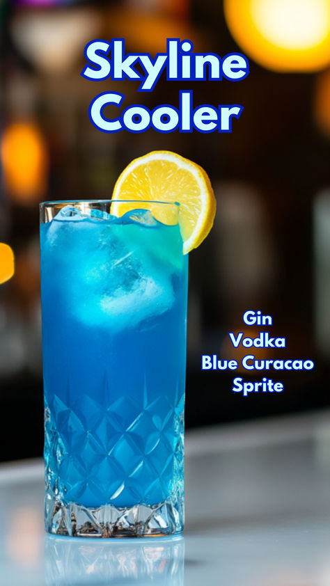 Skyline Cooler Drinks With Blue Curacao, Sprite Cocktails, Cocktails With Blue Curacao, Drinks With Sprite, Unique Alcoholic Drinks, Blue Curacao Drinks, Vodka Sprite, Cocktail Cards, Vodka Cocktails Easy