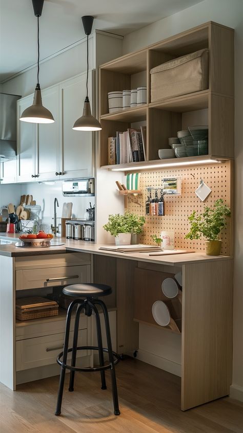 ✨ Who says you can't mix work and play in the kitchen? 🤔 Imagine this: a cozy kitchen nook transformed into a stylish workspace, featuring a modern IKEA-style desk that seamlessly integrates functionality with design. I recently revamped my own space, and let me tell you, it’s been a game changer! 💻🍽️ Having a dedicated workspace within my kitchen allows me to whip up delicious meals while staying productive. Plus, the high stool adds a touch of elegance, and the pegboard helps keep everyt... Kitchen Homework Station, Cozy Kitchen Nook, Kitchen Workspace, My Own Space, Ikea Style, Tiny Office, Counter Desk, Kitchen Desks, Homework Station