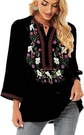 Higustar Mexican Embroidered Shirts for Women Bohemian Floral Peasant 3/4 Sleeves Tops Summer Boho Tradition Tunic Blouses Floral Embroidery Top, Notch Neck Top, Cotton Tops Designs, Mexican Shirts, Three Quarter Sleeve Tops, Embroidery Top, Tops Plus Size, Bohemian Floral, Clothing Outfits