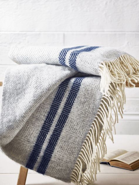 Luxury Throws & Blankets, Cotton, Wool, Faux Fur Sofa & Bed Throws UK Large Throws For Sofas, Striped Bedding, French Stripes, Luxury Throws, Grey Throw, Blue French, Wool Cushion, Blue Throws, Blue Home Decor