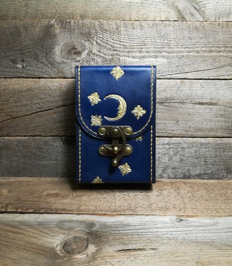 "Inner dimensions are 2.8\" x 4.9\" x 1.4\" ( 70mm x 125mm x 37mm) Tarot-box is sold without cards! Tarot leather deck box. Gold Moon Deep Royal Blue Tarot bag Universal size for The Original Rider Waite. Before buying, check the size of your deck of cards! I ask for your attention! All products are made only by me, only by my hands! I do not use sewing machines! Therefore ... Products may differ slightly from those shown in the photos. But in general, they will correspond to the prototype shown Tarot Card Holder, Tarot Card Pouch, Rider Waite Tarot, Vegetable Leather, Tarot Bags, Deep Royal Blue, Rider Waite, Tarot Card Decks, Deck Box