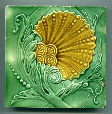 Art Nouveau Seashell, Seaweed Art, Art Nouveau Tile, Motifs Art Nouveau, Tiles Art, Pottery Tiles, Beautiful Tiles, Art Deco Tiles, Art Nouveau Tiles