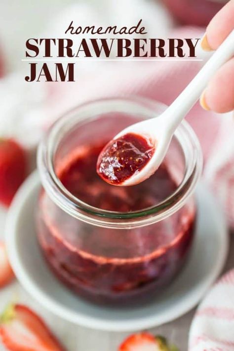 Homemade Strawberry Jam: only 3 ingredients & no pectin needed! I make this every summer after we go berry picking. #strawberry #jam #preserves #easy #recipe #canning #cute #withoutpectin #homemade #healthy #freezer #lowsugar #smallbatch #uses #variations #frozen #quick #canned #howtomake #best #dessert #cake #oldfashioned #refrigerator #vegan #fresh #DIY #jar #organic #breakfast #cooked #amish #3ingredient #gift #simple #summer #bakingamoment Easy Strawberry Jam Recipe, Jam Preserves, Easy Strawberry Jam, Balsamic Vinaigrette Recipe, Organic Breakfast, Strawberry Jam Recipe, Diy Jar, Homemade Strawberry Jam, Freezer Jam