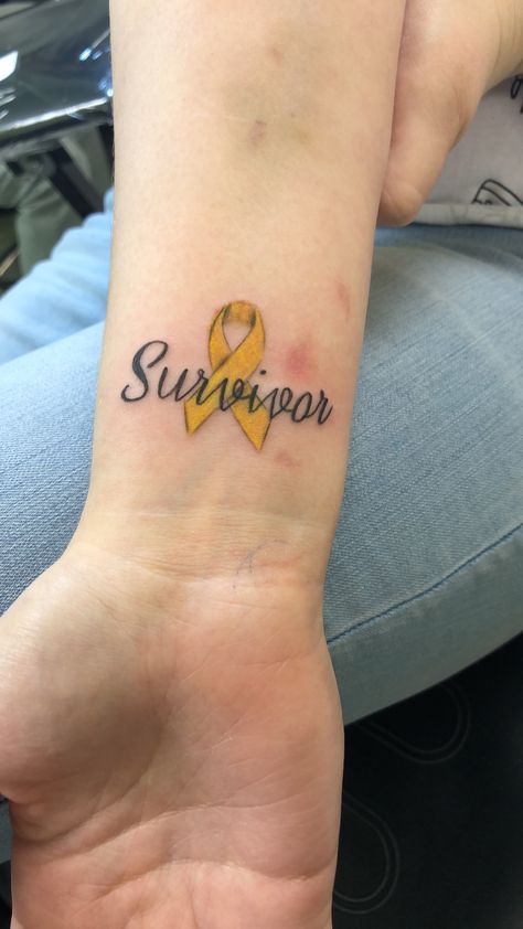 My survivor tattoo for Ewing’s sarcoma 🎗💛 Sarcoma Tattoo Ideas, Domestic Survivor Tattoo Ideas, Sarcoma Tattoo, Lymphoma Tattoo, Survivor Tattoos, Survivor Tattoo, Awareness Tattoo, Army Tattoos, Cactus Tattoo